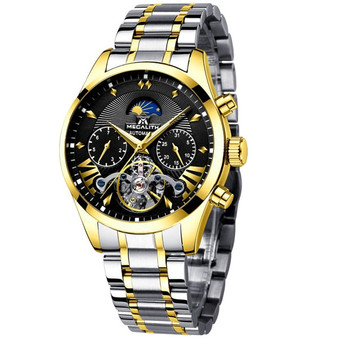 MEGALITH Men Fashion Automatic Mechanical Watch Waterproof Luminous Auto Date Week Moon Phase Watches Men Sport Tourbillon Clock