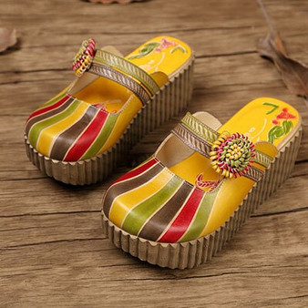 2019  Summer Shoes Women Wedge Slides Cover Toes Handmade Flower Thick Heels Genuine Leather Lady Platform Slippers