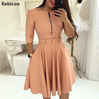 Women Fall Half Sleeve Elegant Tunic Party Dress Female O Neck Solid Zipper Belted Pleated Casual Office Dress Vestidos mujer