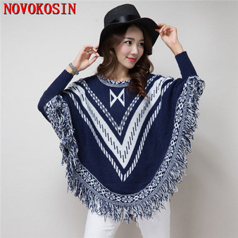 Women Capes Printed Poncho 2018 Autumn Winter Knitted New Bat Sleeves Sweater Triangle Tassel O Neck Pullover Coat