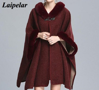 Laipelar Europe and the United States autumn and winter new hooded imitation rabbit fur collar wool cloak shawl loose