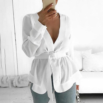 SFIT Women 2019 Women With Belt Tunic Shirt Blouse Long Sleeve Peplum Casual Top OL Workwear Mujer Blusas White Shirts