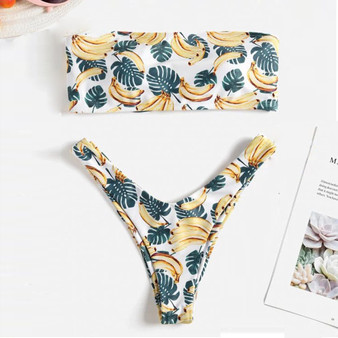ISHOWTIENDA sexy Women Bandeau Bandage Banana pattern Bikini Set Push-Up Brazilian Swimwear No shoulder strap Beachwear Swimsuit