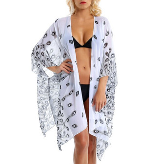 Femme Beach Dress Women Swimwear Cover Up Floral Chiffon Cardigan Loose Shawl Kimono Dress Sundress Robe 2019 Summer