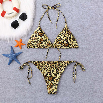 Women sexy Leopard Print Bikini Set Swimming Two Piece Swimsuits Swimwear Beach Suit Hanging neck biquini cintura alta Vacation