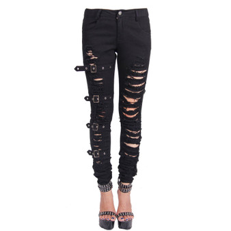 Steampunk Black Demin Women Pants Winter Gothic Punk High Waist Close Fitting Hole Long Trousers Rivet Jean Pants Plus Size