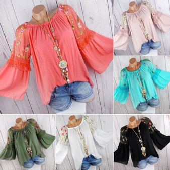 Plus Size Women Lady Autumn Flower Print Blouse Summer Casual Chiffon Long Sleeve O-neck Tunic Blouse Shirts