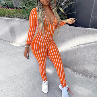 Simenual Striped Casual Fitness Sporty Rompers Womens Jumpsuit Workout Long Sleeve Active Wear Zipper V Neck Athleisure Bodysuit