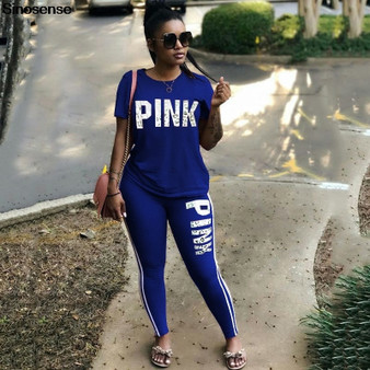 Plus Size Pink Clothing Sexy Two Piece Set Women Letter Print 2 Piece Pink Outfits 2019 T Shirt+Jogger Set Casual Tracksuit 3XL
