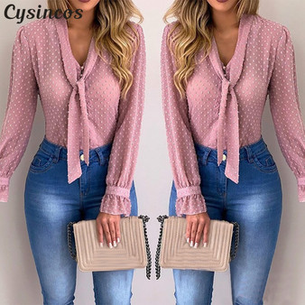 Cysincos Women Blouses 2019 Fashion Long Sleeve V-neck Pink Shirt Chiffon Office Blouse Slim Casual Tops Plus Size S-5XL