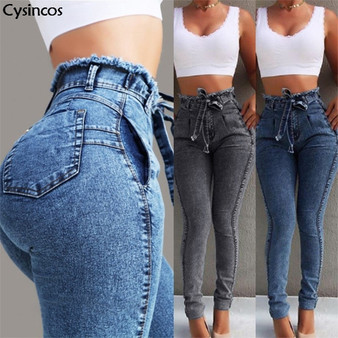 Cysincos New Women High Waist Jeans Plus Size Woman Slim Stretch Denim Jean Bodycon Tassel Belt Bandage Skinny Push Up Jeans