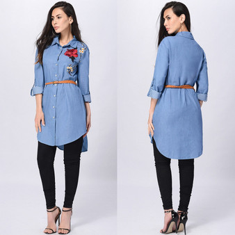 Free Ostrich Rose Embroidered Women Long Sleeve Collared Long Shirt Top Turn-down Collar Blue Shirts blusas mujer de moda C2735