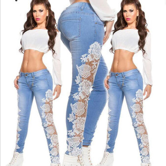 2018 Hollow Out Lace Jeans Pencil Jeans Summer Autumn Women Flower Lace Denim Pants Women Jeans Pencil Denim Skinny Ladies Lace