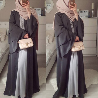 2019 Autumn Winter New Muslim Women Fashion three-tier Bell Sleeve Open cardigan Gown Dubai Abaya Kaftan Islamic Dress