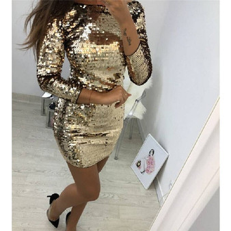 Ladies Formal Evening Party Sexy Sequin Club Short Dresses Sexy Vestidos Autumn  Dresses Women Golden Sequins Bodycon Dress