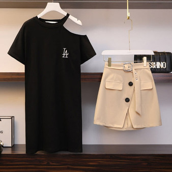 Trytree Summer Women top two piece set Casual Polyester O-Neck Long Black Tops + Skirt Khaki Belt Female Suit Set 2 Piece Set