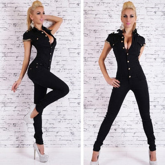 Fashion Women Denim Long Jumpsuit Sexy Deep V Neck Jean Jumpsuits Buttons Chain Black Overalls For Women Rompers Autumn