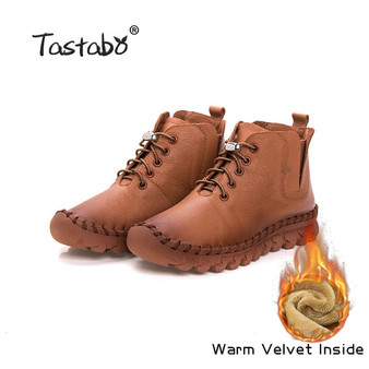 Tastabo Handmade Ankle Boots With Fur Retro Boots Shoes Women Fashion Handmade Slip-on Soft Leather Winter Warm Boots Ladies