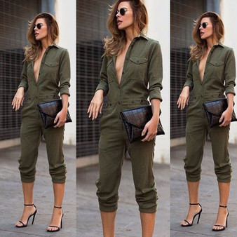 Sexy Women New Fashion Slim Bodycon Jumpsuit Long Sleeve Army Green Solid Casual Bodysuit Ladies Vintage Romper Long Jumpsuit