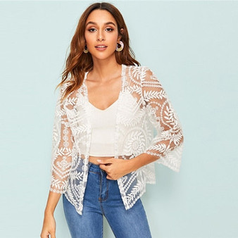 SHEIN Embroidered Mesh Beach Kimono Cardigan Summer Vacation Sexy White Sheer Kimono Three Quarter Length Sleeve Ladies Tops