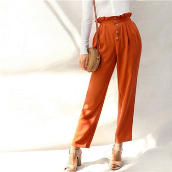 SHEIN Rust Paperbag Waist Single Breasted Pleated Pants Long Trousers Women Spring Office Lady Elegant Workwear Tapered Pants