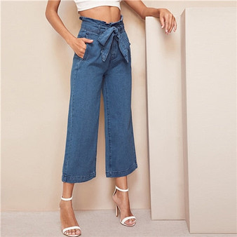 SHEIN Blue High Waist Wide Leg Belted Crop Jeans Women Spring Casual Elegant Denim Trousers Workwear Solid Straight Pants Jeans