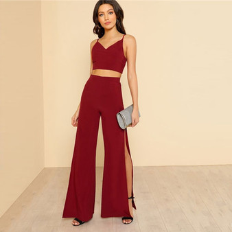 SHEIN Burgundy Crop Cami Top And Pants Set 2 Piece Outfits For Women Summer Sexy V Neck Top High Slit Wide Leg Pants Sets