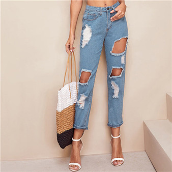 SHEIN Blue Destroyed Ripped Detail Cut-out Crop Jeans Women Spring Casual Denim Trousers Steetwear Solid Pencil Pants Jeans