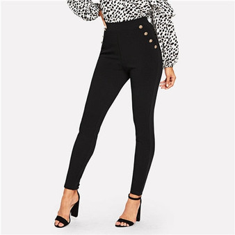 SHEIN Black Office Lady Elegant Solid Pocket Button Detail High Waist Skinny Carrot Pants Autumn Fashion Workwear Women Trousers