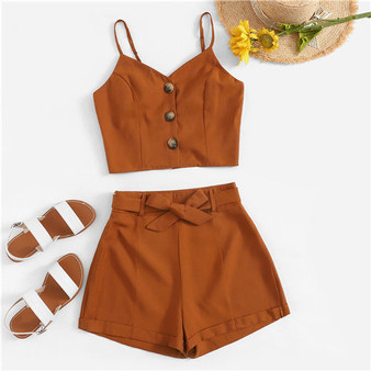 ROMWE Brown Soild Button Front Cami Top With Belted Shorts Women Summer Boho Sleeveless Camisole Wide Leg Bottoms Two-Pieces Set