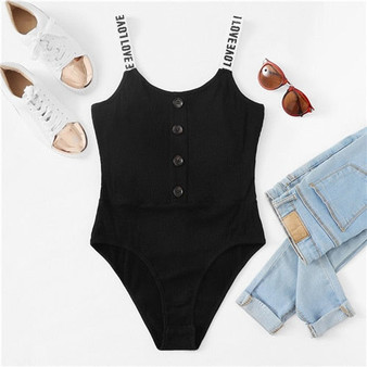 SHEIN Black Button Front Ribbed Knit Skinny Cami Mid Waist Sleeveless Letter Print Straps Bodysuit Women Summer Casual Bodysuits