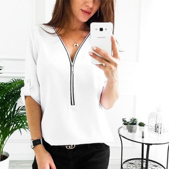 Sexy V Neck Zipper Short Sleeve Women Shirts Solid Womens Tops and Blouses Casual Tee Shirts Tops Female Clothes Plus Size 5XL