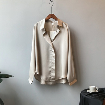 2019 Spring Women Korean Fashion Long Sleeves Satin Blouse Vintage Femme V Neck Street Shirts Elegant Imitation Silk Blouse