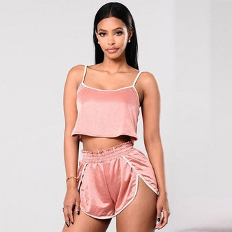 Fashion Female Two Pieces Set Women Causal Summer Set With High Waisted Cut Tie Elastic Waist Shorts Sexy Crop Top