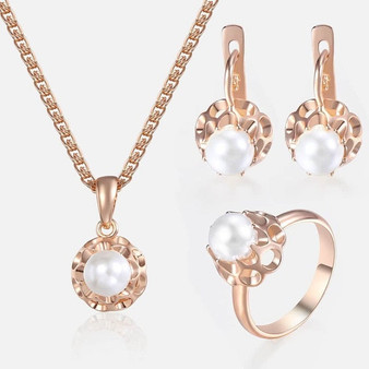 Jewelry Set For Women Girls 585 Rose Gold Pearl Earrings Ring Pendant Necklace Set Fashion Woman Jewelry Wholesale Gifts KGE142