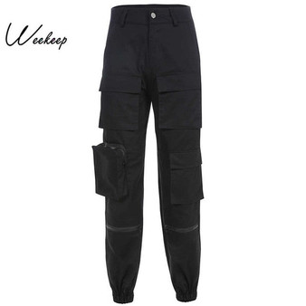 Weekeep Streetwear Pockets Patchwork Cargo Pants Women High Waist Black Pencil Pants Fashion Trousers Joggers Women