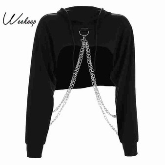 Weekeep Black Cropped Hooded Sweatshirt Women Loose Chain Patchwork Pullover Hoodie Fashion Streetwear Sweat Femme Hoodies Top