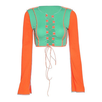 Cryptographic Flare Sleeve Sexy Lace Up Splice T-Shirts Women Summer 2020 Chic Ruffles Top Tees Cropped Shirts Slim Knitted