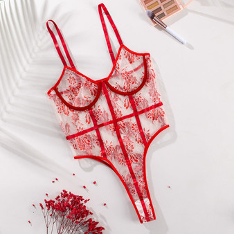 Cryptographic Embroidery Lace Floral Sheer Mesh Red Bodysuits Women Party Club Sexy Backless Teddy Striped Bodysuit Female Body