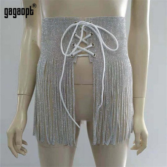 Gagaopt Metal Tassel chain Mini Skirt Women Glitter rhinestone High Waist Sequins Summer Luxury Party Outfit skirts