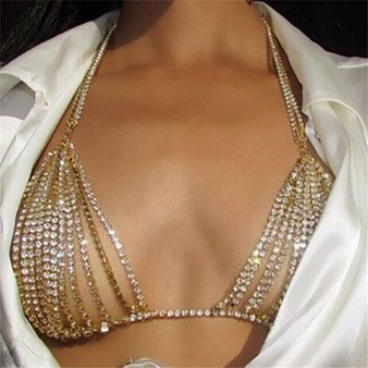 Sexy Metal Chest Chain Sparkling Crystal Diamonds Women Tank top Summer Beach Halter Camis Nightclub Party Crop Tops Sequins New