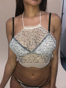 Summer Sexy Women Metal chain Mesh Plaid Crop Tops Short shirt Beach Hollow Sequin diamonds Beach Nightclub Party Camis Tank top
