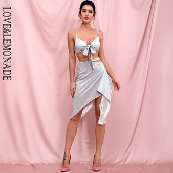 LOVE & LEMONADE Sexy Silver  Cut Out Straps Tube Top Two-Pieces Set LM81085