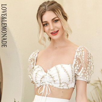 LOVE&LEMONADE White Embroidered Lace See-Through Bubble Short-Sleeved Blouse LM82602T