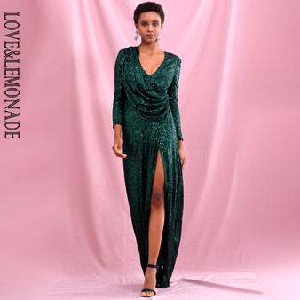 LOVE&LEMONADE Sexy  Deep Green V-neck Draped Elastic Sequins Cross Open bodycon Long Sleeve Party Maxi Dress LM82188 LM82188