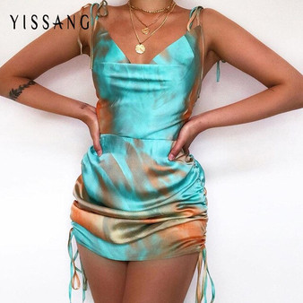 Yissang Drawstring Print Tie-dye Satin Sexy Dress Women Ruched Strap Slim Backless Bodycon Dresses Female Elagent Sumemr Dress