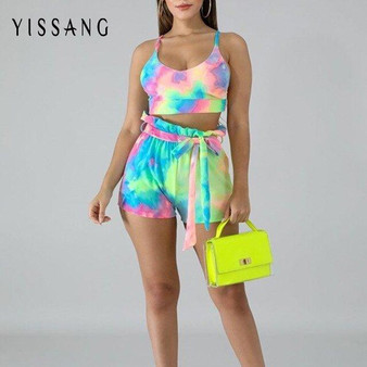 Yissang Tie Dye Drawstring 2 Piece Set Women Strap Crop Top And Short Pants Sashes Backless Summer Set Sexy Two Piece Set 2019