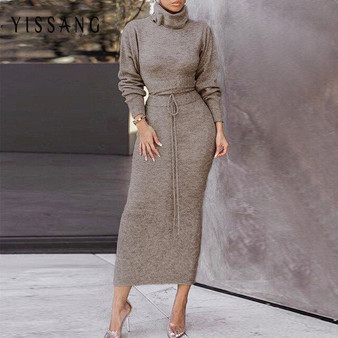 Yissang Drawstring Knitted Sweater Dress Women Casual Turtle Neck Pullover Sexy Dresses Female Elegant Autumn Dress 2019 Vestido