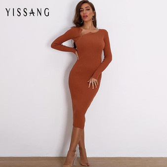 Yisang Sexy Knitted Sweater Dress Women Split Button O Neck Long Sleeve Bodycon Midi Dress Female Elegant Autumn Dress 2020