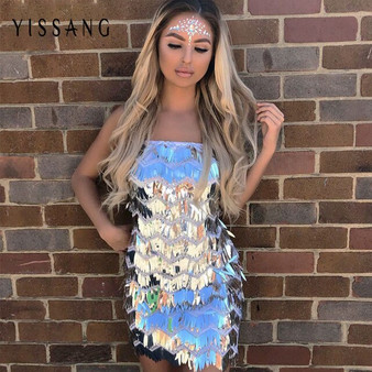 Yissang Sequin Patchwork Tassel Party Dress Women Off Shoulder Bodycon Elegant Dresses Femal Autumn Mini Dress Vintage Vestido